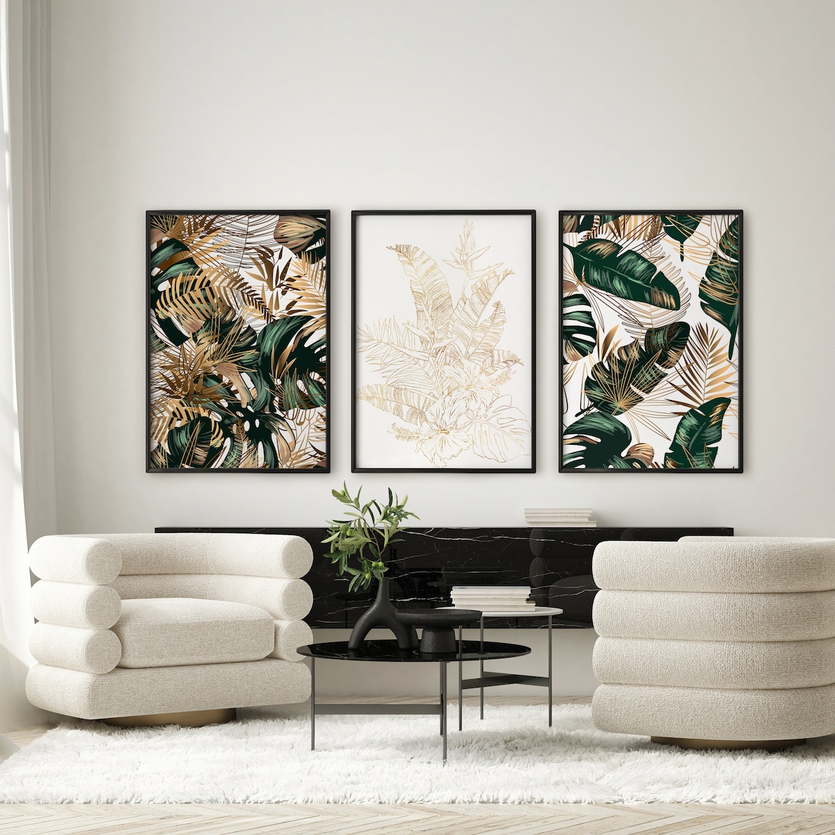 ZESTAW 3X PLAKAT W RAMIE LIŚCIE BANANOWE PALMY GLAMOUR ABSTRAKCJA 60x80cm