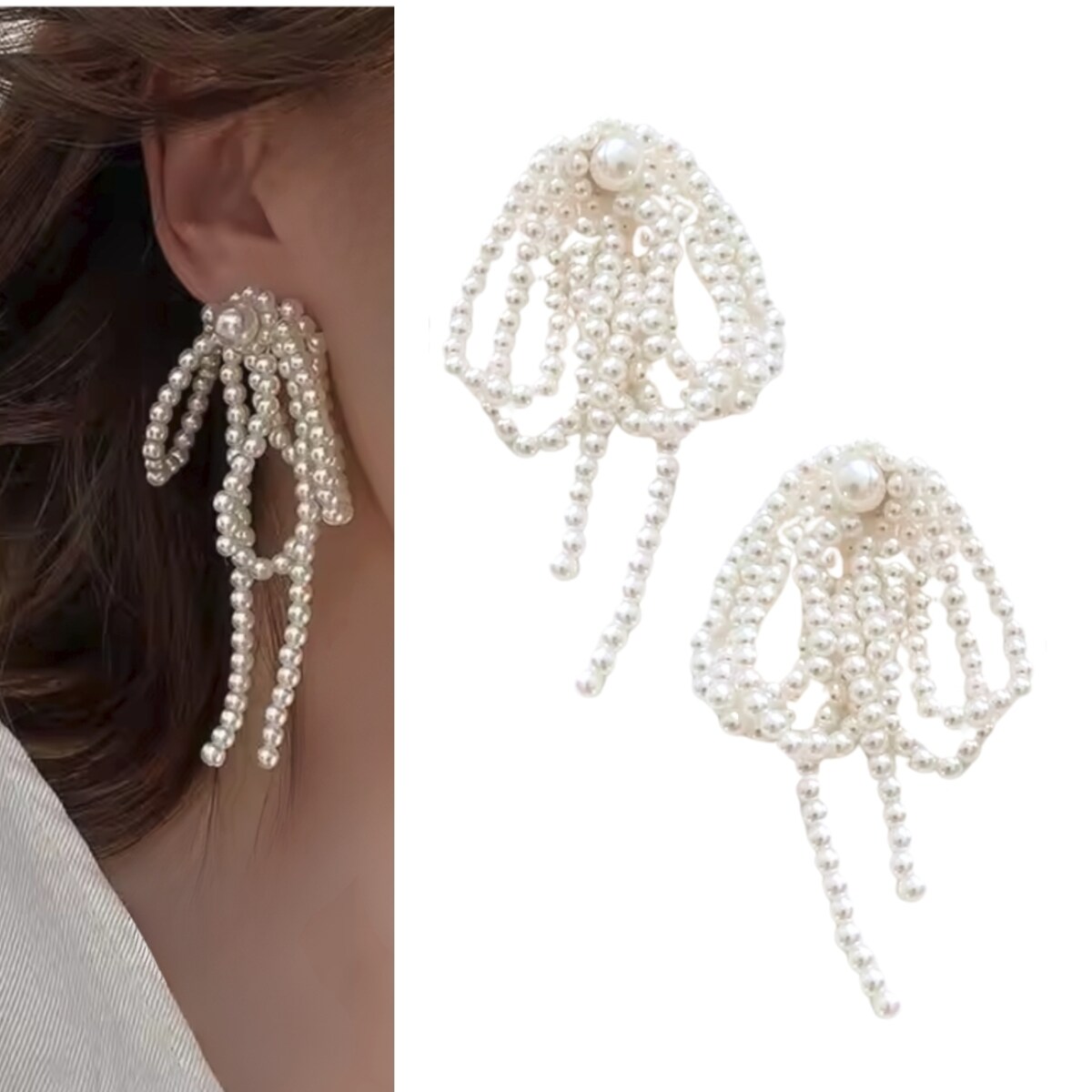 kolczyki perłowe kokardki długie BOHO old money srebrne perły DŁUGIE wiszą