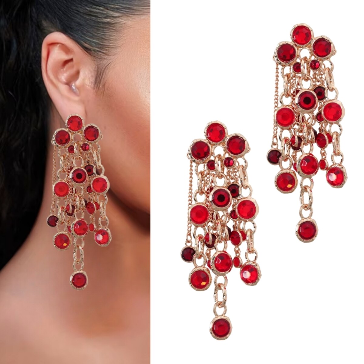 DŁUGIE złote kolczyki czerwone cyrkonie kółka efektowna biżuteria wesele