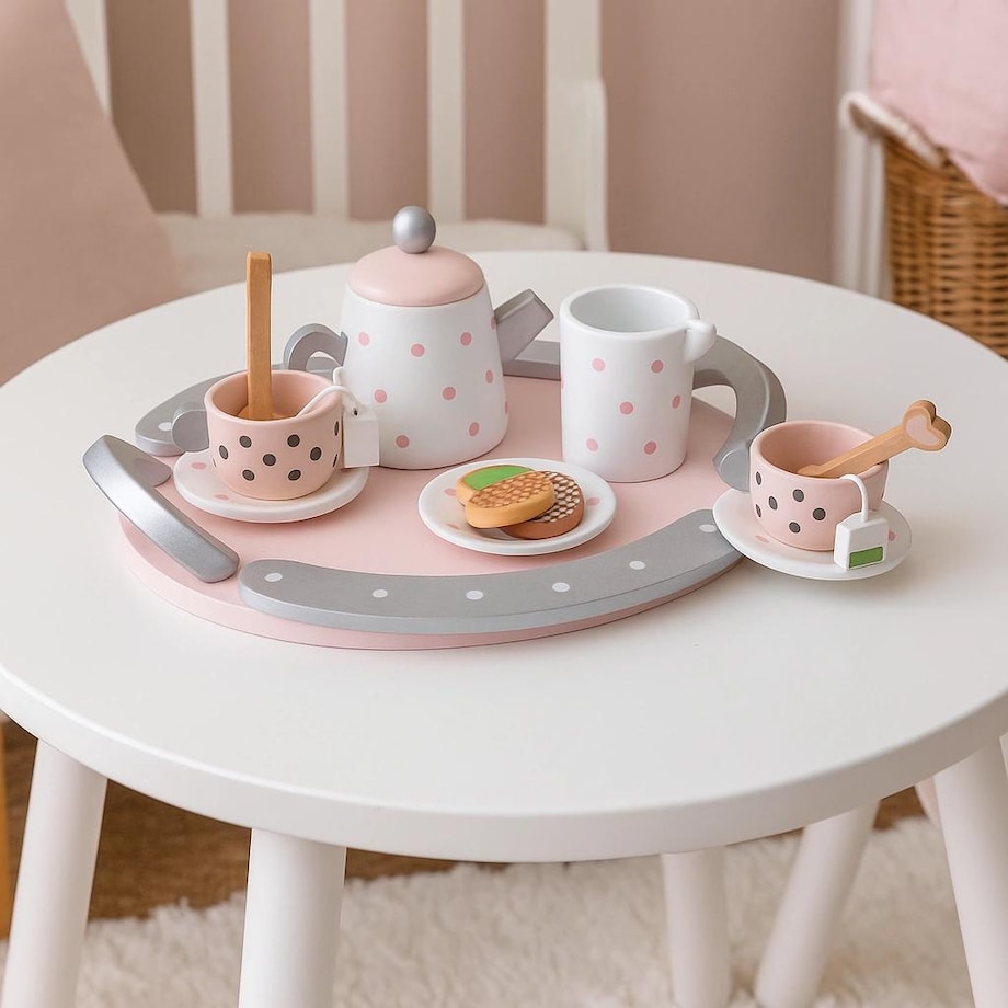 Drewniany zestaw do herbaty lub kawy dla dzieci – 15 elementów, Montessori