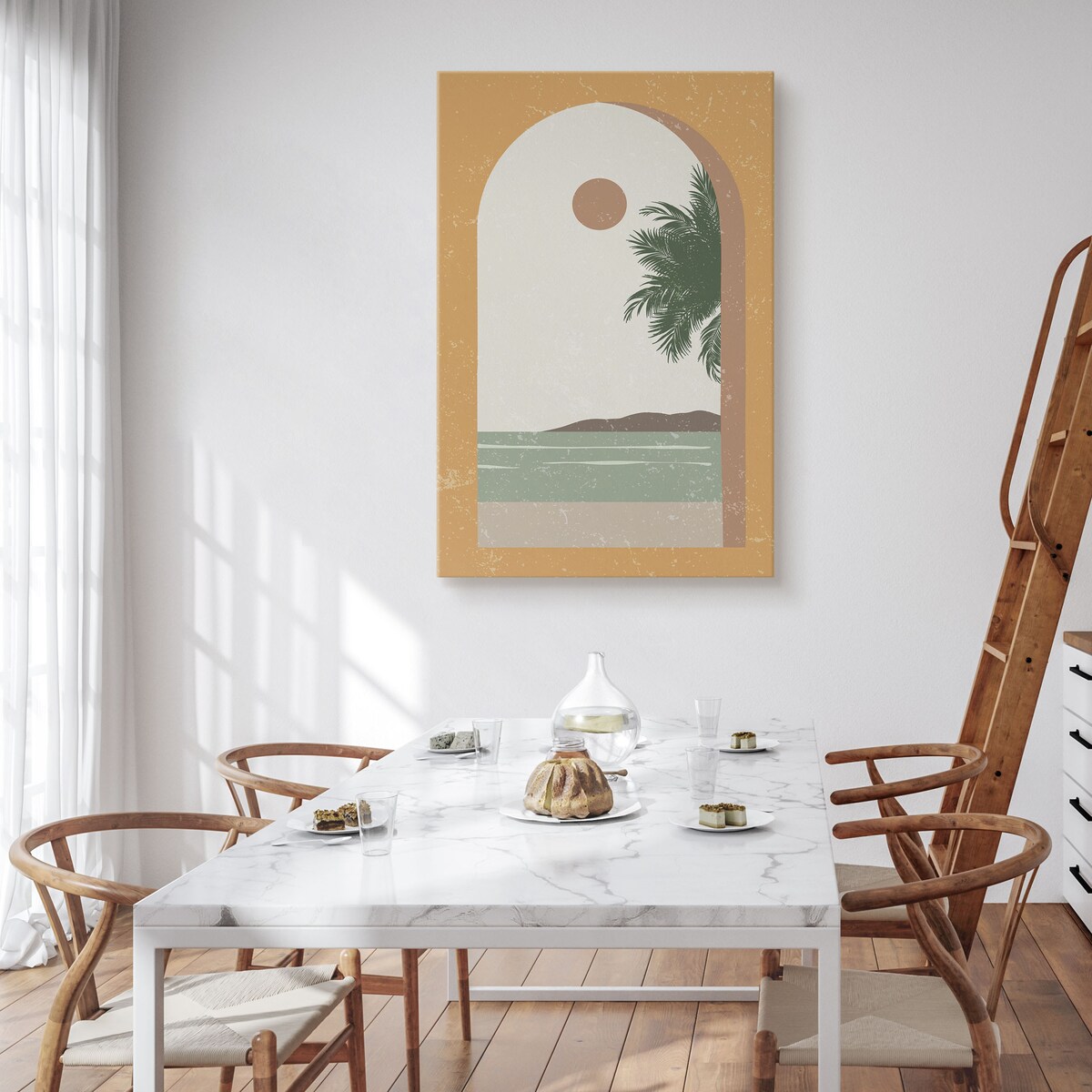 Obraz Na Płótnie Widok Z Okna Palmy Ocean Klify Styl Boho Abstrakcja 80x120cm