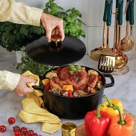 Gęsiarka żeliwna emaliowana brytfanna garnek 5 L okrągła czarna na święta