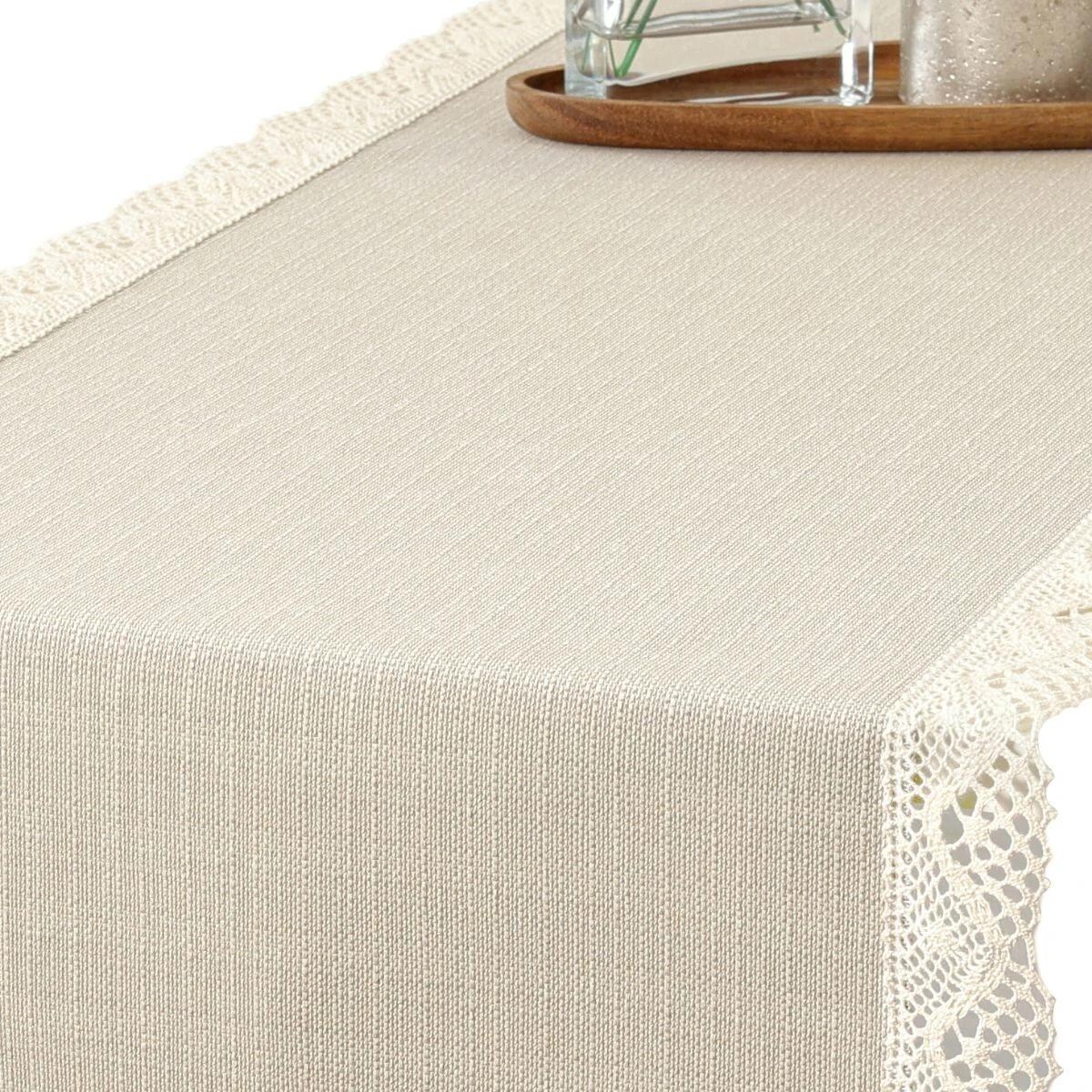 Bieżnik na stół plamoodporny P130 cappuccino z koronką K205 ecru - 40x220 cm - beżowy