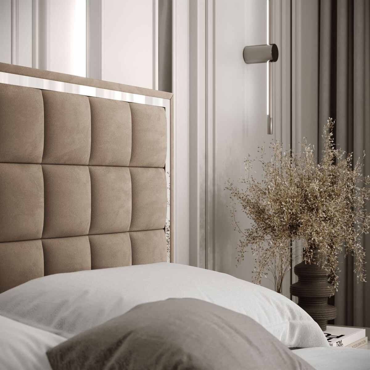 Łóżko tapicerowane ISADORA SILVER, pojemnik na pościel, stelaż 34, 180x200, RV 176