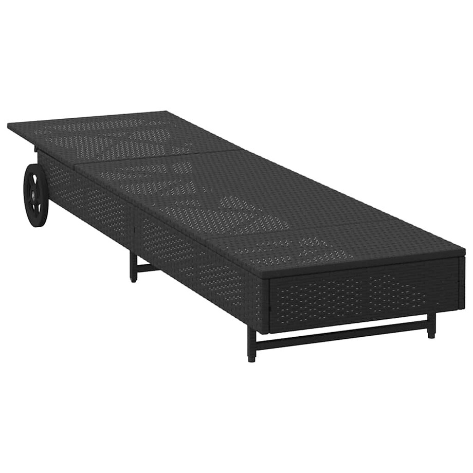 vidaXL Leżak na kółkach, z poduszką, czarny, polirattan
