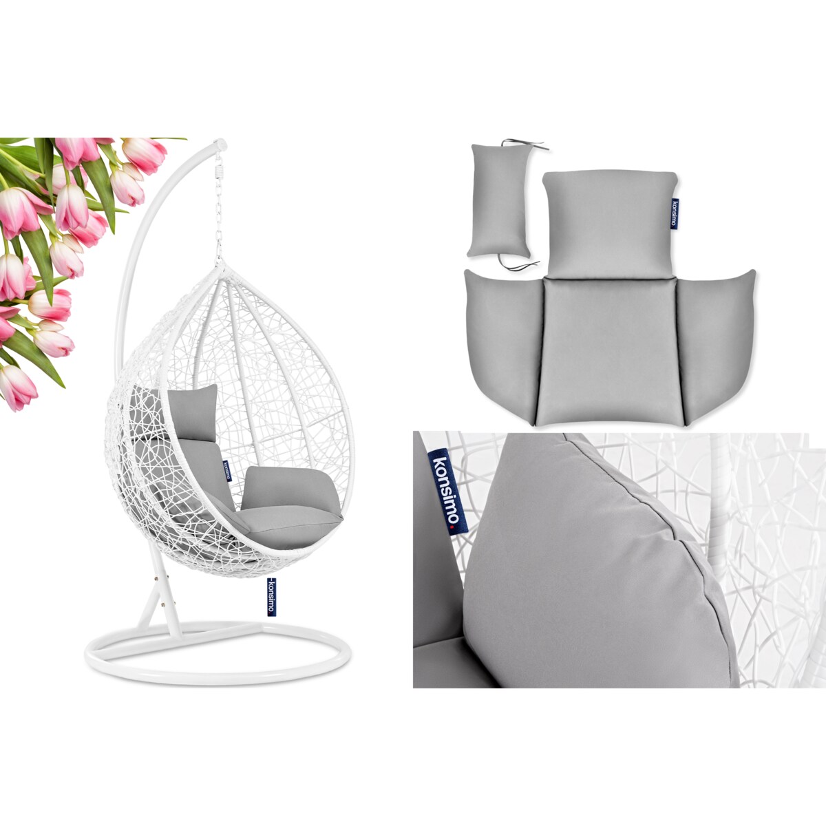 KONSIMO CULLUS Wiszący fotel kokon z technorattanu i pokrowcem, biały