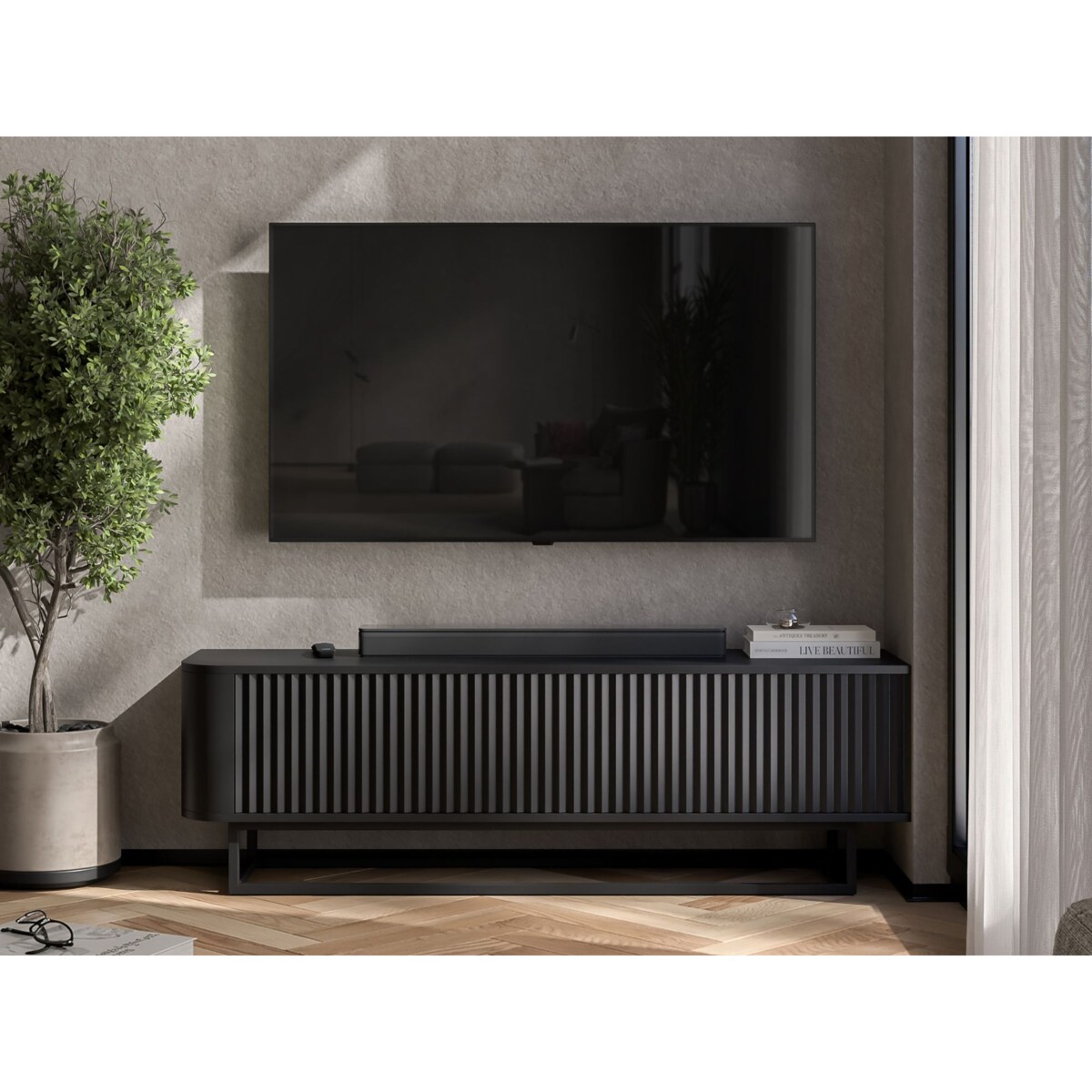 Narożna Szafka RTV Glamour Czarny Mat Komoda RTV Ryflowane Fronty Stelaż Metalowy Czarny 140 cm