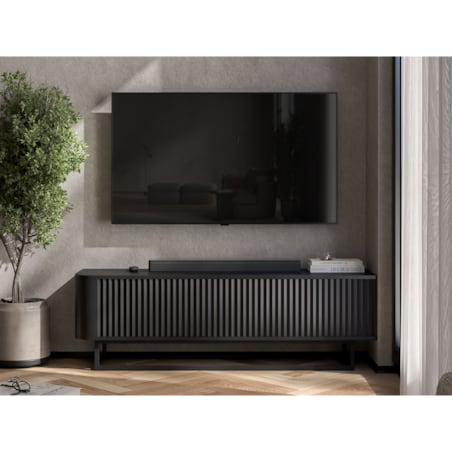 Narożna Szafka RTV Glamour Czarny Mat Komoda RTV Ryflowane Fronty Stelaż Metalowy Czarny 140 cm