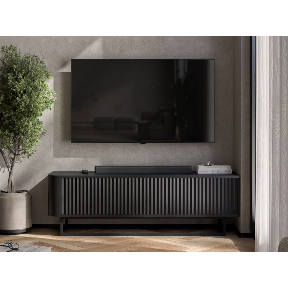Narożna Szafka RTV Glamour Czarny Mat Komoda RTV Ryflowane Fronty Stelaż Metalowy Czarny 140 cm