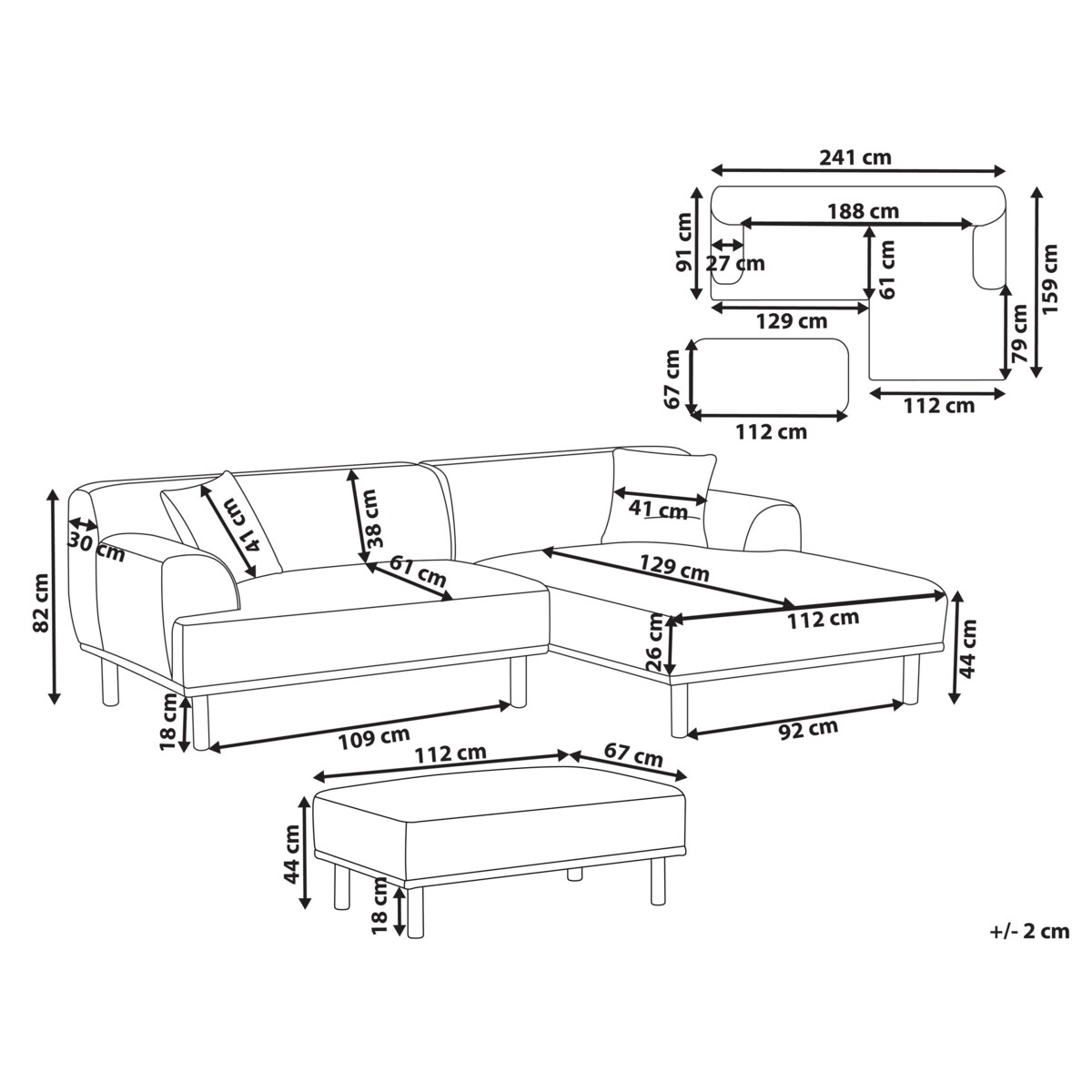 Sofa narożna lewostronna z otomaną HOLT Jasnoszary Lewostronny