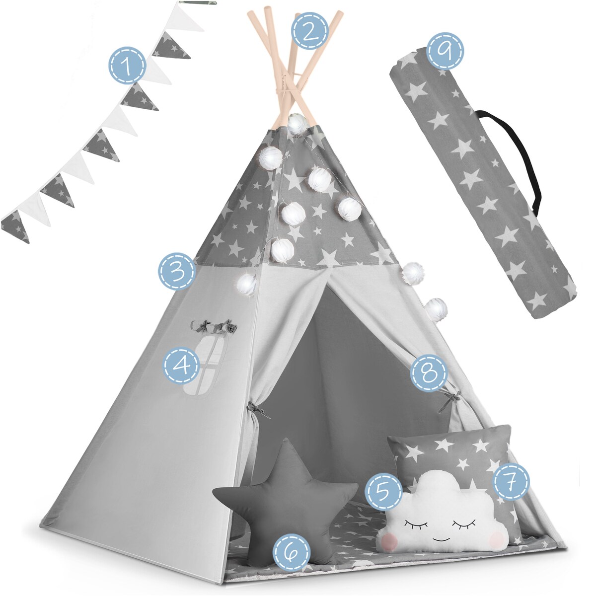 Tipi namiot wigwam dla dzieci teepee girlanda poduszki stabilizator Nukido