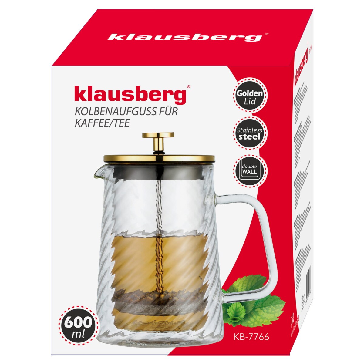 Zaparzacz do kawy herbaty szklany 600ml French Press złoty KLAUSBERG