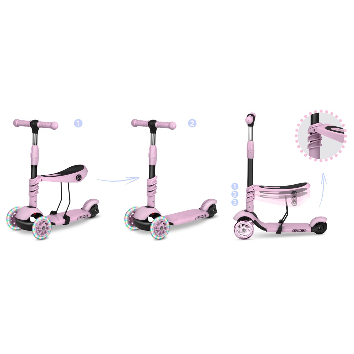 Hulajnoga trójkołowa balansowa dla dzieci 3w1 Ricokids Cubi różowa
