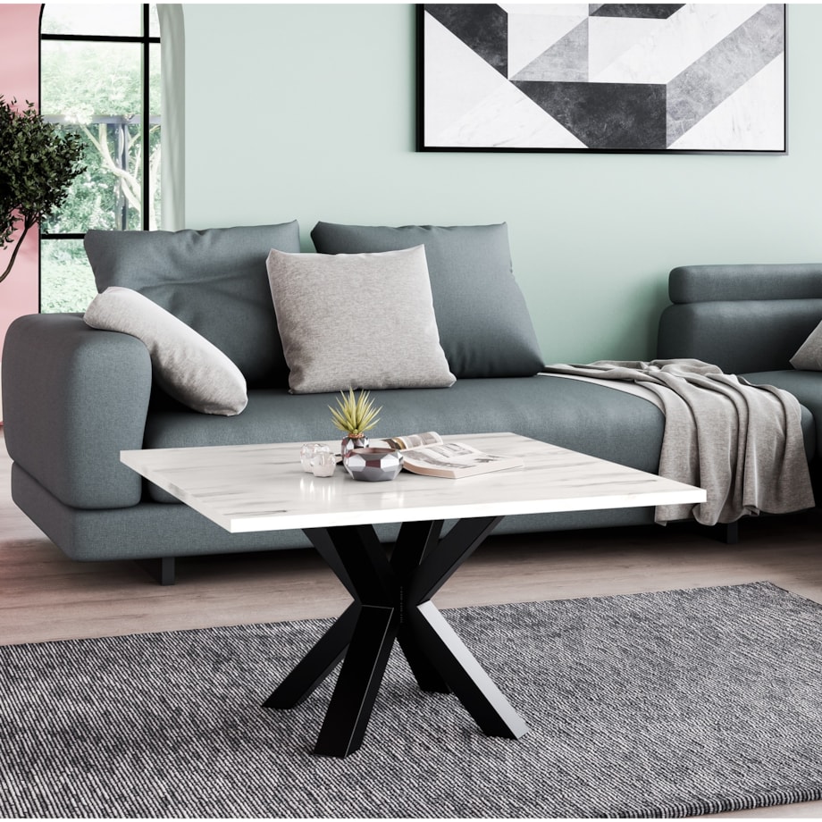 Stolik kawowy NEO kwadratowy 80x80 z metalową podstawą-marmur biały