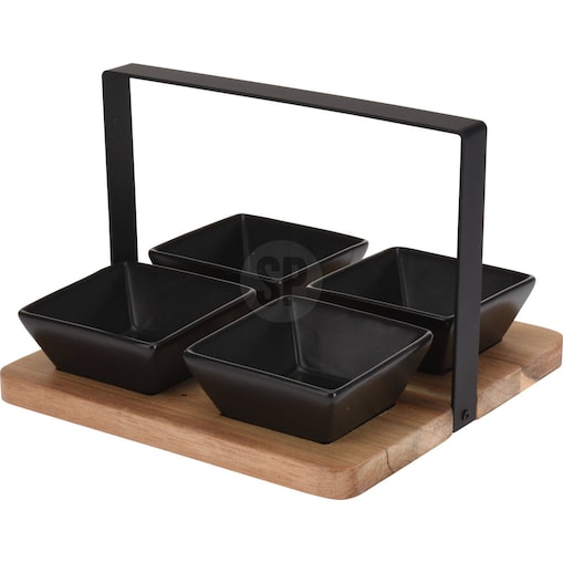 Zestaw miseczek na przekąski na drewnianej tacy, 4 naczynia