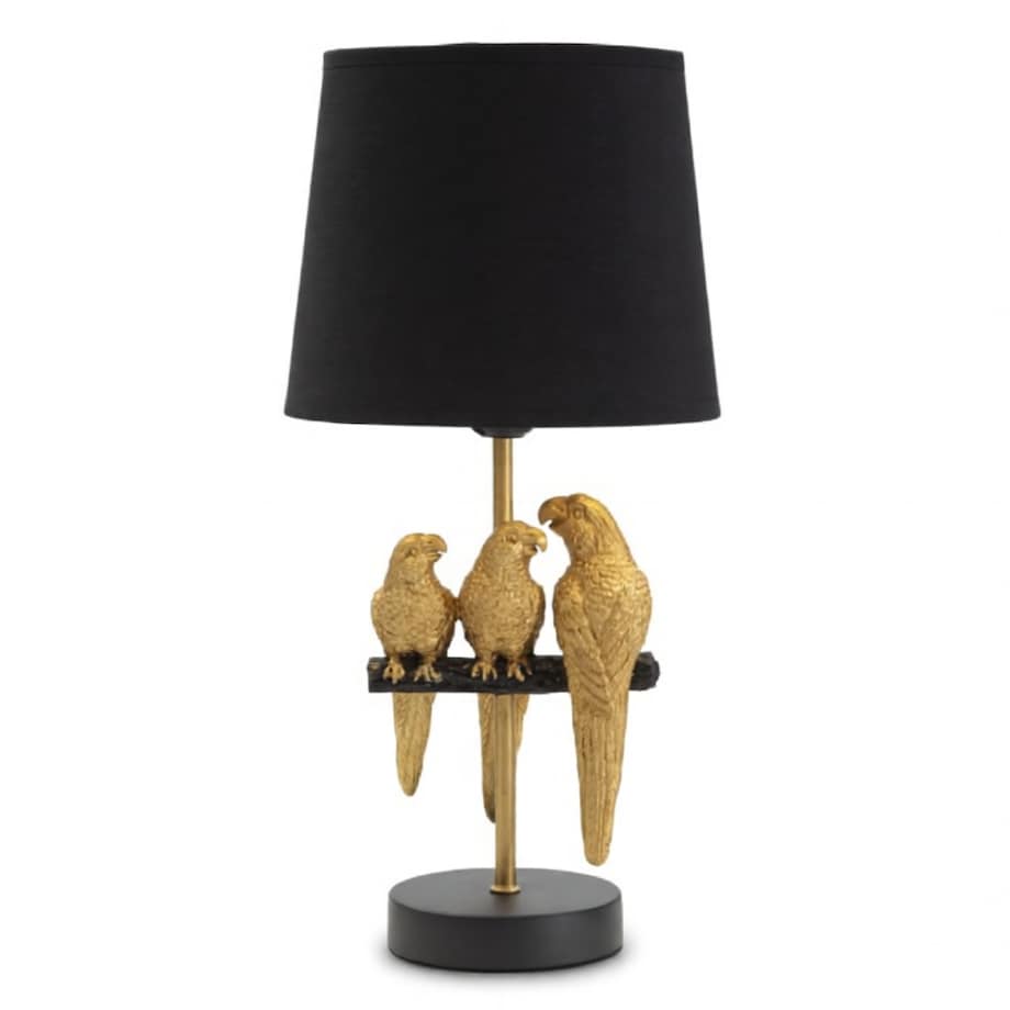 Lampa stołowa Parrots, kolor czarny i złoty, żelazo, PVC i poliester, 20 x 20 x 39 cm, 1 x E27, do salonu i sypialni, Mauro Ferretti