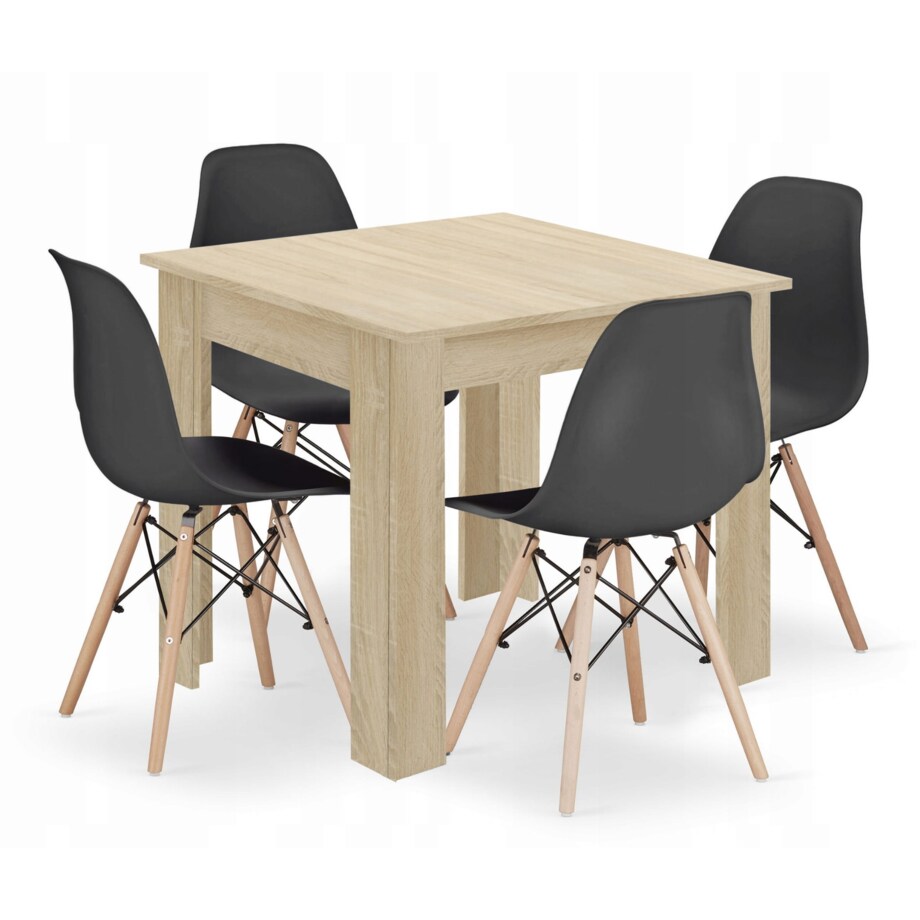 Zestaw Stół Do Jadalni Kuchni Salonu Biura Kwadratowy 80X80 Dąb Sonoma + 4 Krzesła Osaka Czarne