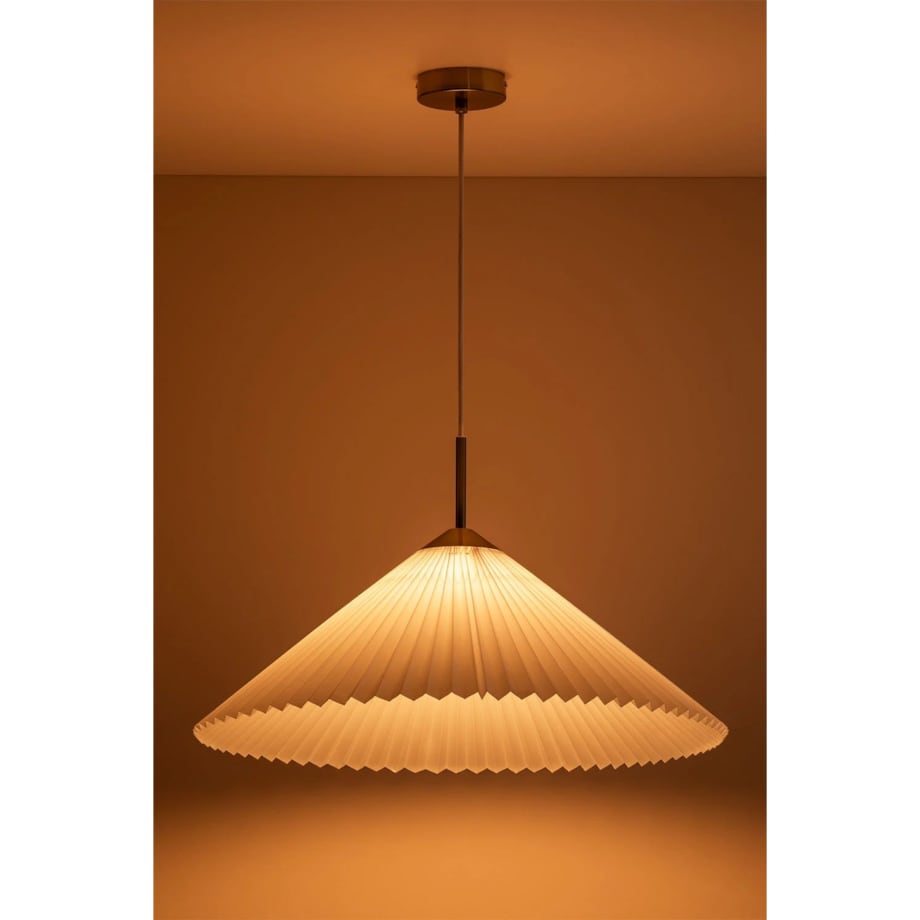 Lampa wisząca ze złotego metalu i tkaniny, biała Plisse Ø57,5 cm