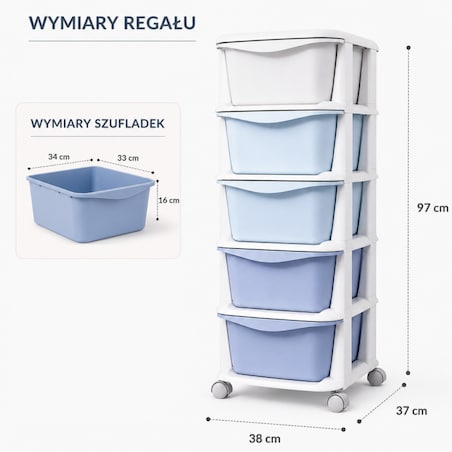 Plastikowy regał na kółkach szafka szuflady szafa 97 x 38 x 37 cm PO23