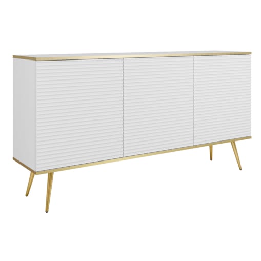 Komoda 160 POLO na wysokich złotych nożach, ryflowane fronty, biała
