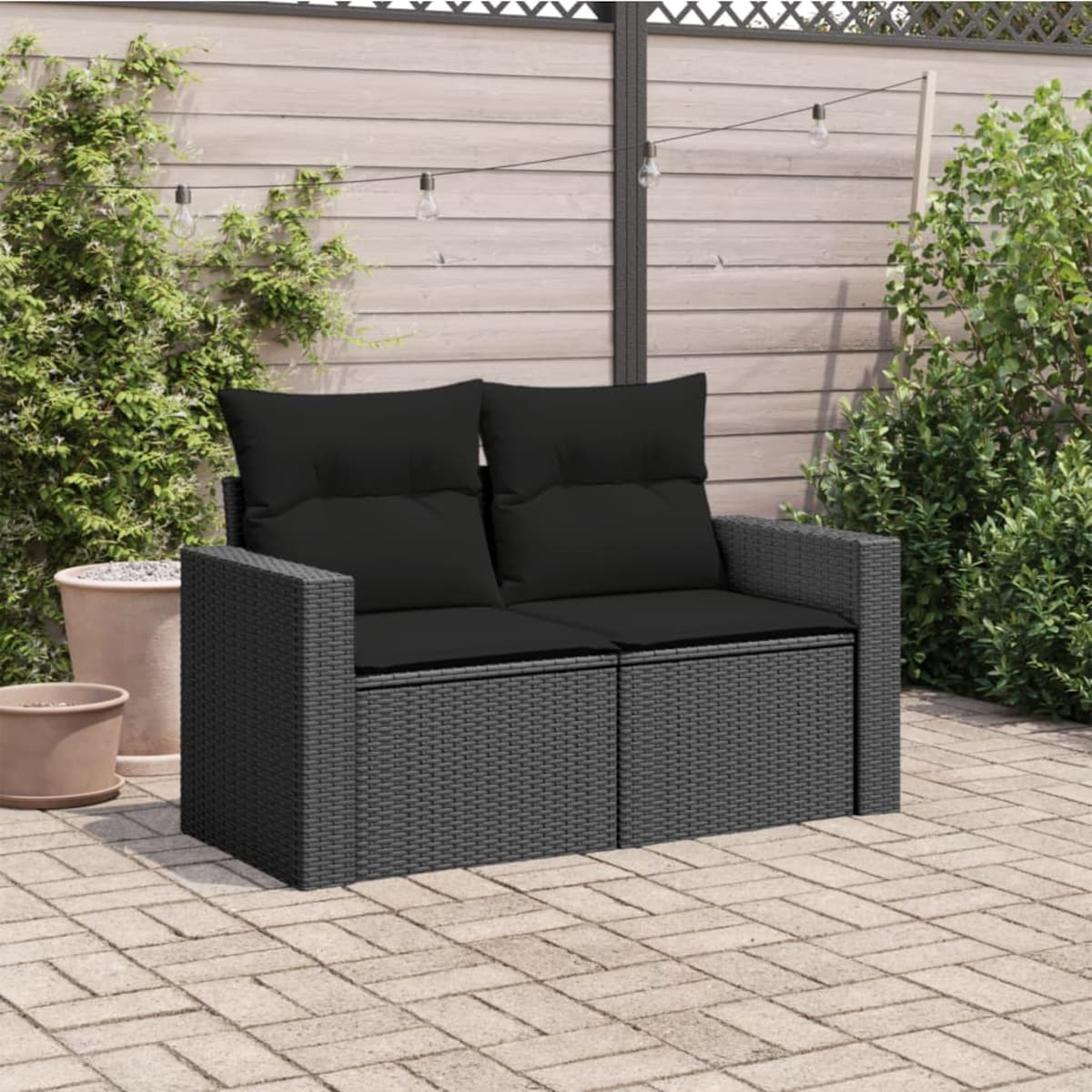 vidaXL Sofa ogrodowa z poduszkami, 2-osobowa, czarna, z polirattanu