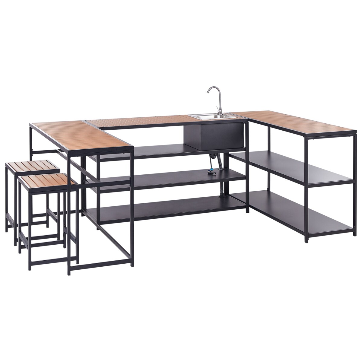 Kuchnia ogrodowa ze stołem barowym i zlewem czarna z jasnym drewnem AVETRANA