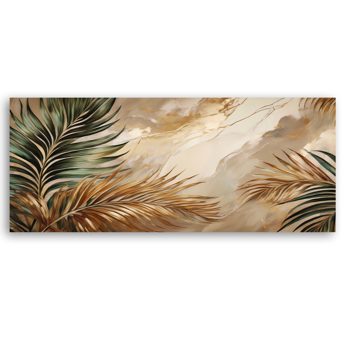 Panoramiczny obraz do salonu Liście Palmy Rośliny Boho na złotym Marmurze 120x40
