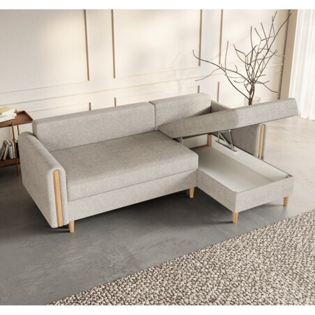 Narożnik GALOS prawostronny z funkcją spania- beżowy- drewno bukowe