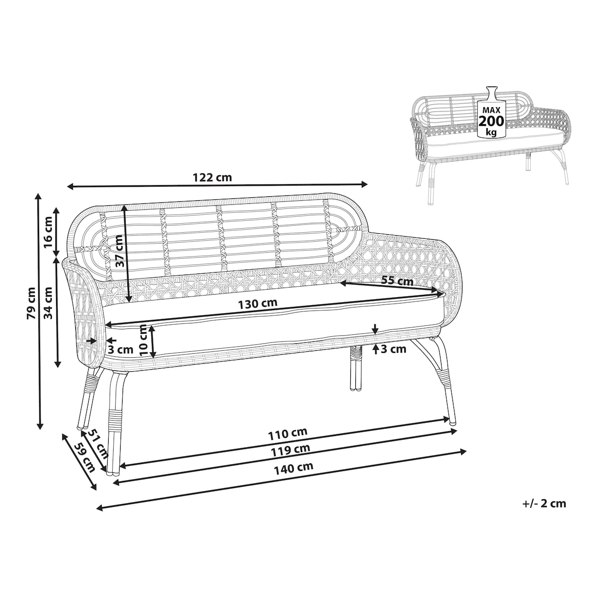 Ławka ogrodowa z poduchą PRATELLO 122 cm Technorattan Naturalny