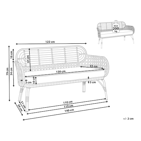 Ławka ogrodowa z poduchą PRATELLO 122 cm Technorattan Naturalny