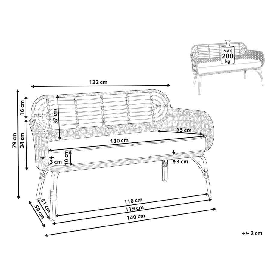 Ławka ogrodowa z poduchą PRATELLO 122 cm Technorattan Naturalny