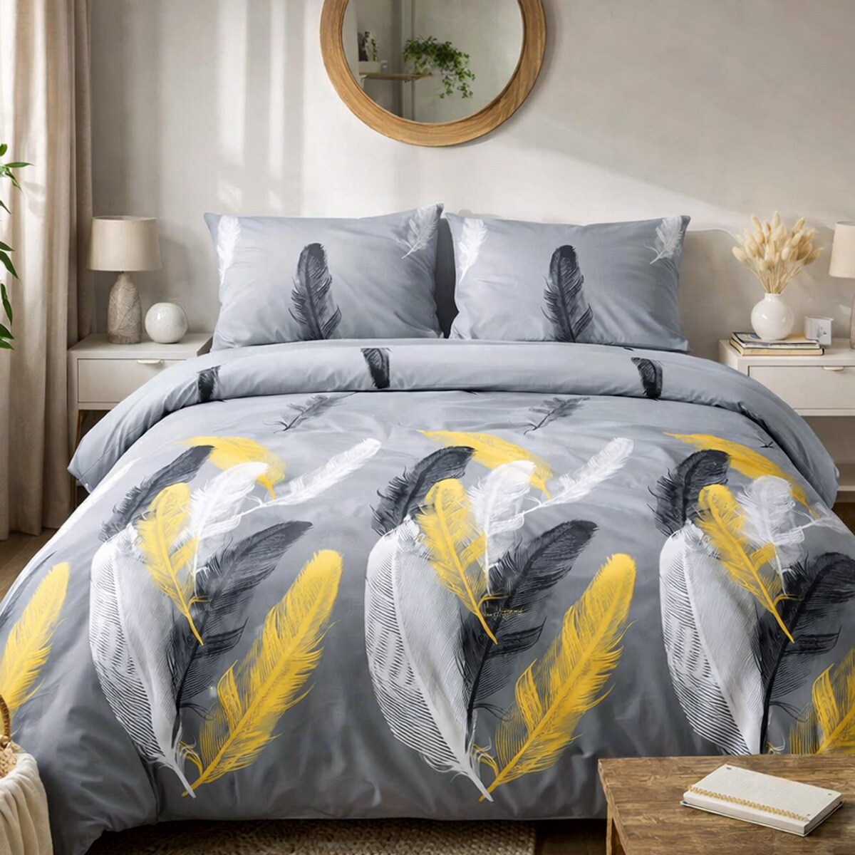 Pościel satyna bawełniana 160x200 Fevola białe i złote pióra na szarym tle, Satynlove