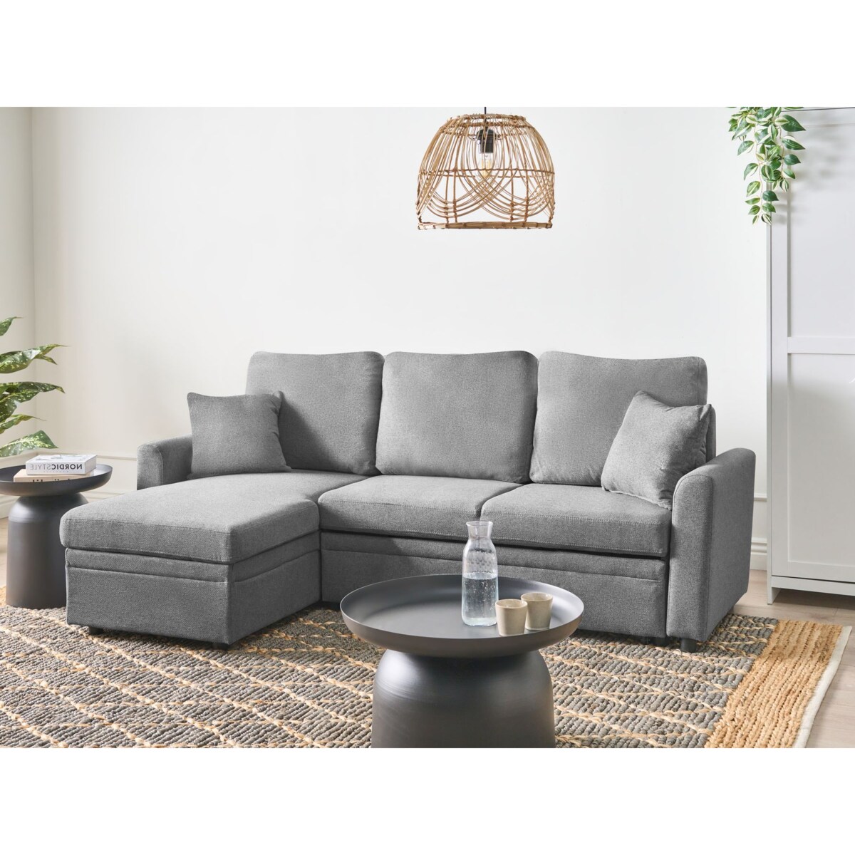 Narożnik rozkładany NASSJO Len syntetyczny Szary dla 3 osób Prawostronny