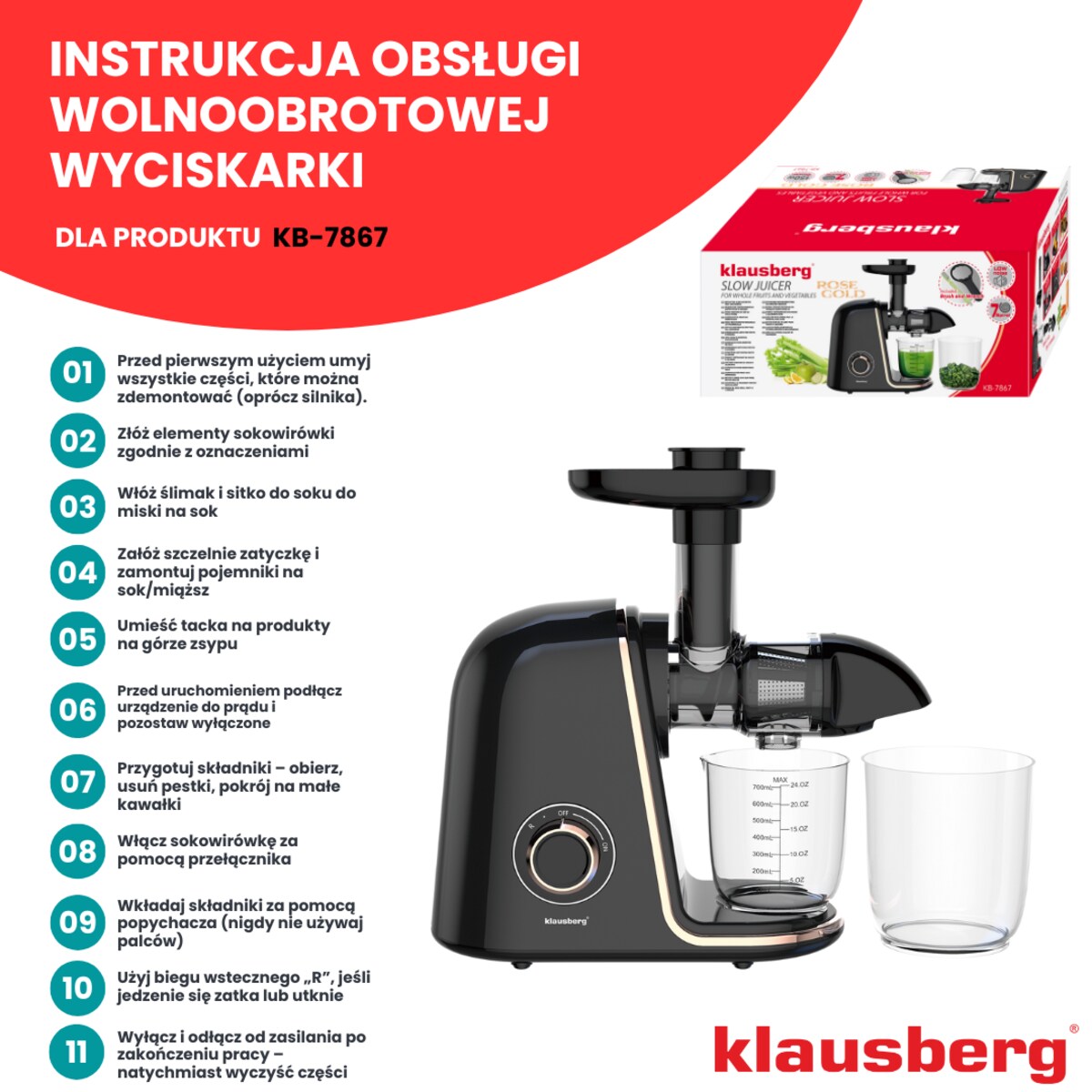 Sokowirówka wolnoobrotowa 150W do owoców i warzyw COLD PRESS KLAUSBERG KB-7867