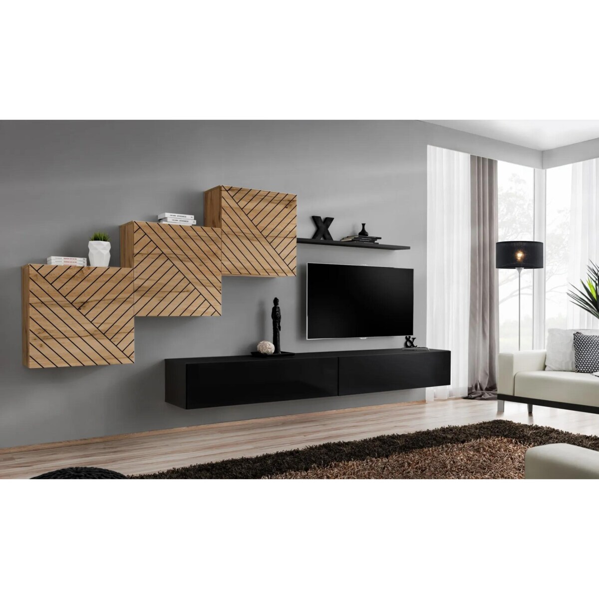 Meblościanka SWITCH LAMEL X dąb wotan/czarna