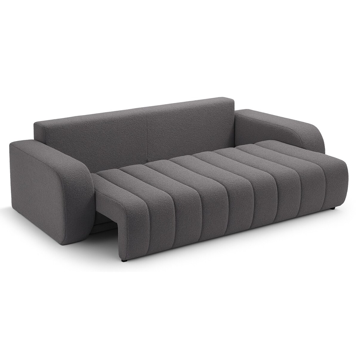 Sofa rozkładana ALOO obita tkaniną boucle z ozdobnymi poduszkami szara