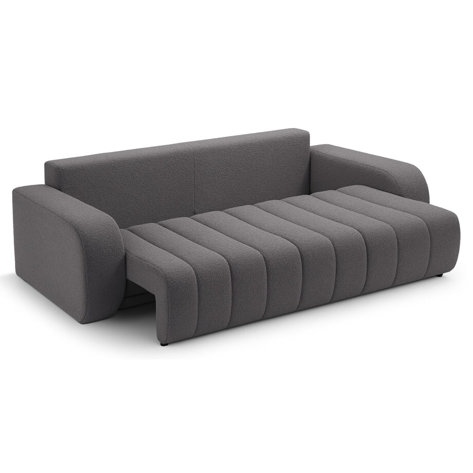 Sofa rozkładana ALOO obita tkaniną boucle z ozdobnymi poduszkami szara