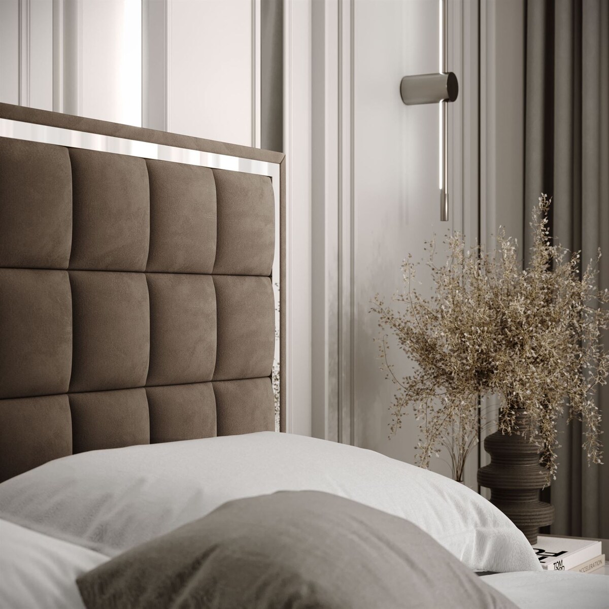 Łóżko tapicerowane ISADORA SILVER, pojemnik na pościel, stelaż 34, 140x200, RV 196