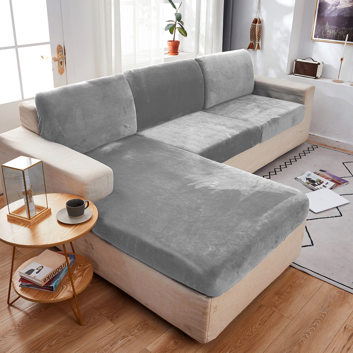 POKROWIEC NA KANAPĘ SIEDZISKO JASNY SZARY WELUR 135-165 [22SL3]