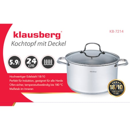 Garnek stalowy z pokrywką indukcja gaz 5.9L 24cm KLAUSBERG Premium 18/10