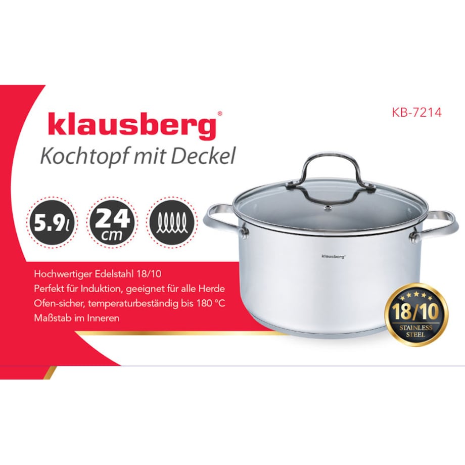 Garnek stalowy z pokrywką indukcja gaz 5.9L 24cm KLAUSBERG Premium 18/10