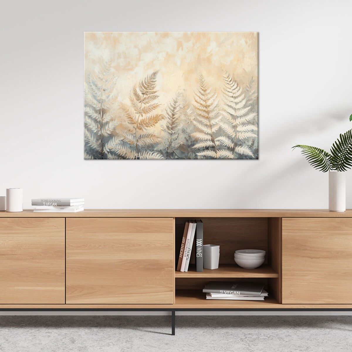 Nowoczesny Obraz do salonu sypialni Beżowe liście paproci natura pióra boho 120x80