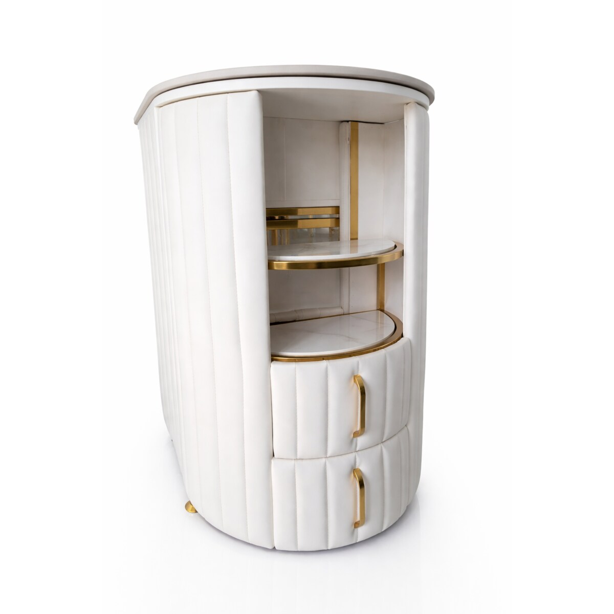 Biurko kosmetyczne z otworem na pochłaniacz biało-złote owalne 140x45x78