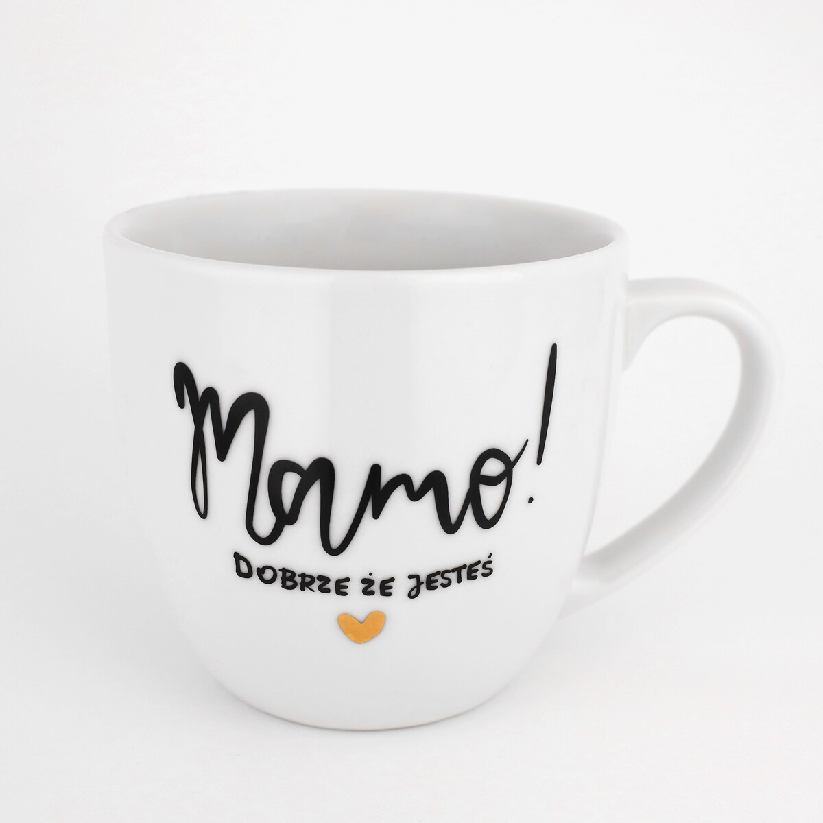Biały kubek porcelanowy 300 ml - Złote serce i napis mamo dobrze, że jesteś dla mamy na dzień matki