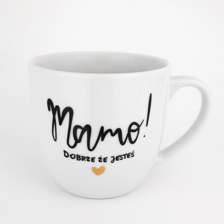 Biały kubek porcelanowy 300 ml - Złote serce i napis mamo dobrze, że jesteś dla mamy na dzień matki