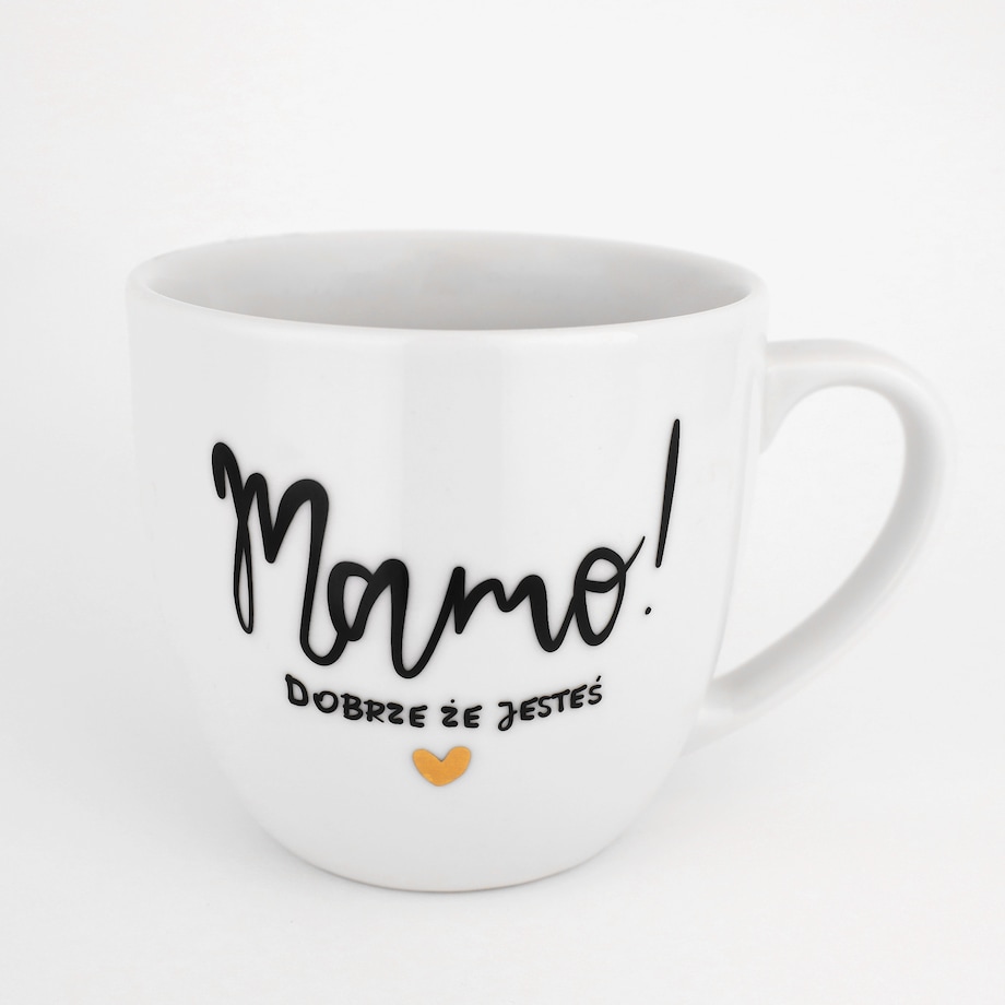 Biały kubek porcelanowy 300 ml - Złote serce i napis mamo dobrze, że jesteś dla mamy na dzień matki