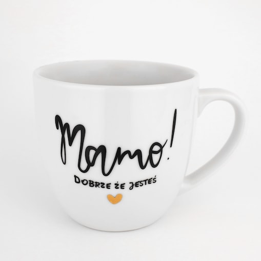Biały kubek porcelanowy 300 ml - Złote serce i napis mamo dobrze, że jesteś dla mamy na dzień matki