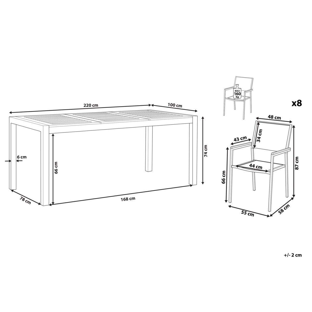 Zestaw ogrodowy stół drewniany eukaliptus i 8 krzeseł białych GROSSETO