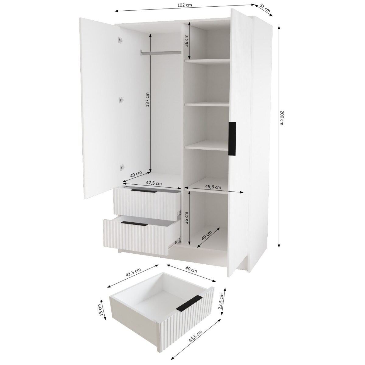 Szafa NOEMI ryflowana z lustrem 102 cm - biała mat