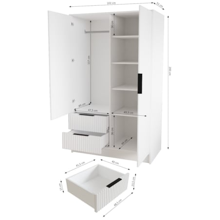 Szafa NOEMI ryflowana z lustrem 102 cm - biała mat